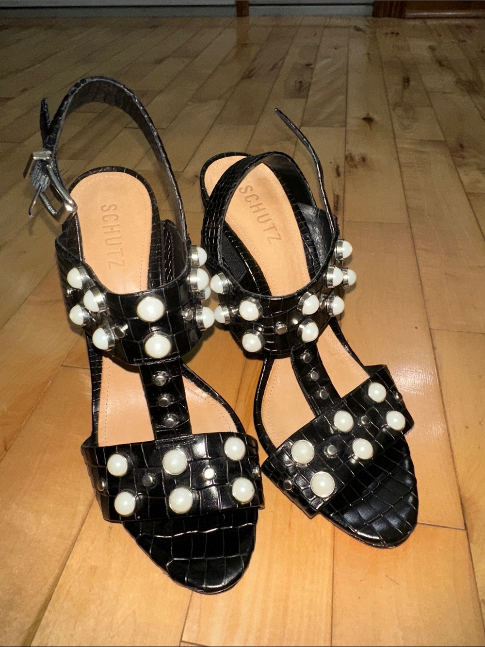 SCHUTZ Zarita Black Croc-Embossed Pearl-Stud Heeled Sandals